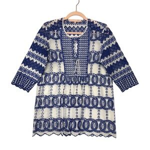 Valerie Khalfon Paris Blue White Embroidered Eyelet Tunic Top Size 40 Womens